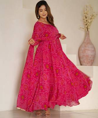  bandhani printed chiffon flared anarkali pant and dupatta set 2