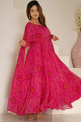  bandhani printed chiffon flared anarkali pant and dupatta set