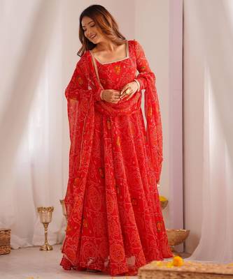  bandhani printed chiffon flared anarkali pant and dupatta set 1
