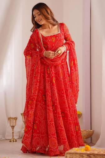  bandhani printed chiffon flared anarkali pant and dupatta set