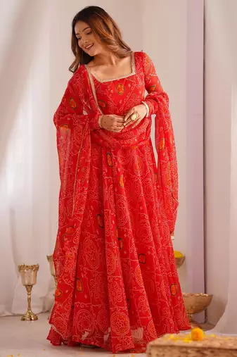  bandhani printed chiffon flared anarkali pant and dupatta set
