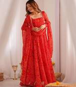  bandhani printed chiffon flared anarkali pant and dupatta set