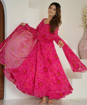  bandhani printed chiffon flared anarkali pant and dupatta set 4