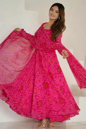  bandhani printed chiffon flared anarkali pant and dupatta set