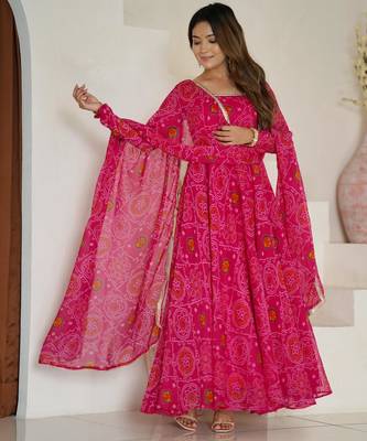  bandhani printed chiffon flared anarkali pant and dupatta set 5