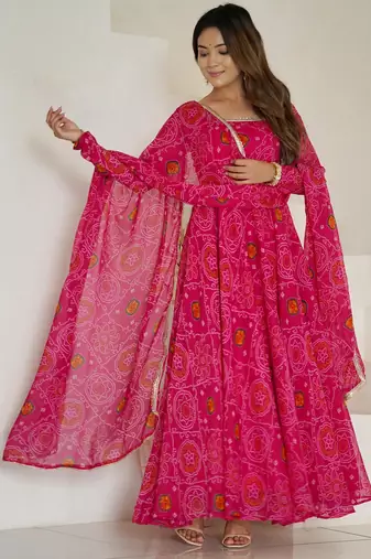  bandhani printed chiffon flared anarkali pant and dupatta set