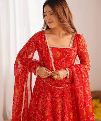  bandhani printed chiffon flared anarkali pant and dupatta set 3