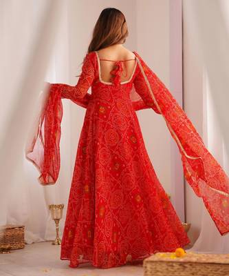  bandhani printed chiffon flared anarkali pant and dupatta set 4