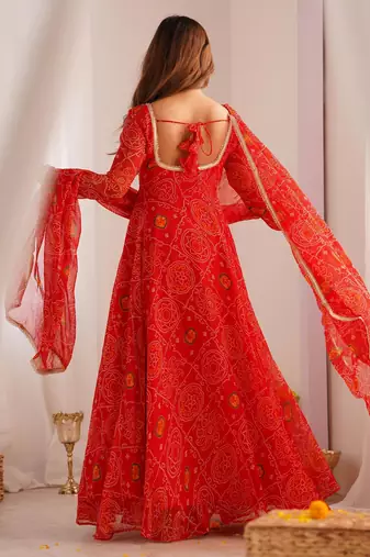  bandhani printed chiffon flared anarkali pant and dupatta set