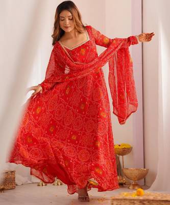  bandhani printed chiffon flared anarkali pant and dupatta set 5