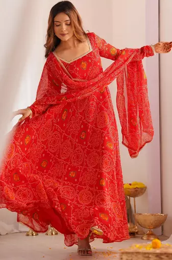  bandhani printed chiffon flared anarkali pant and dupatta set