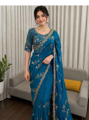 Teal Color Beds With Sequnce work Silk Blend Saree 1