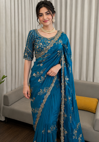 Teal Color Beds With Sequnce work Silk Blend Saree