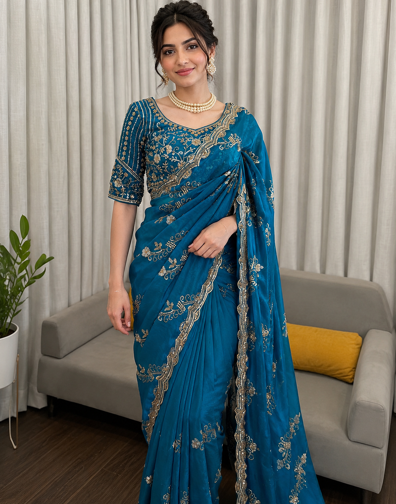 Teal Color Beds With Sequnce work Silk Blend Saree