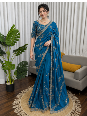 Teal Color Beds With Sequnce work Silk Blend Saree 2