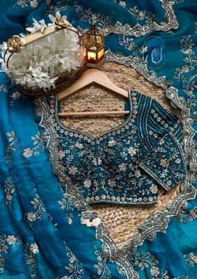 Teal Color Beds With Sequnce work Silk Blend Saree 3