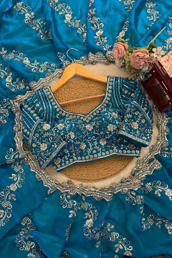 Teal Color Beds With Sequnce work Silk Blend Saree