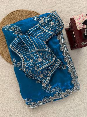 Teal Color Beds With Sequnce work Silk Blend Saree 5
