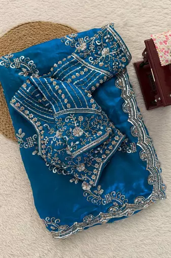 Teal Color Beds With Sequnce work Silk Blend Saree