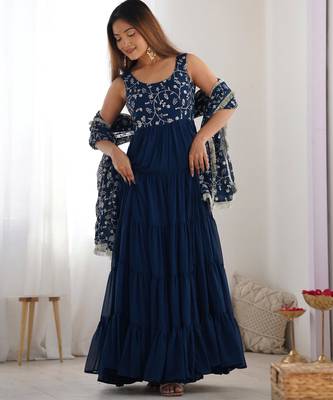  embroidery work georgette flared anarkali pant and dupatta set 1