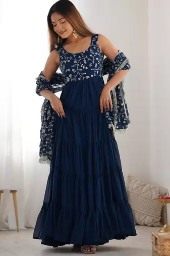  embroidery work georgette flared anarkali pant and dupatta set