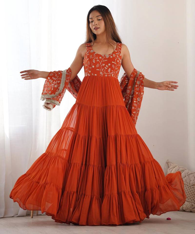  embroidery work georgette flared anarkali pant and dupatta set