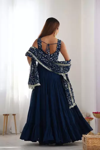  embroidery work georgette flared anarkali pant and dupatta set