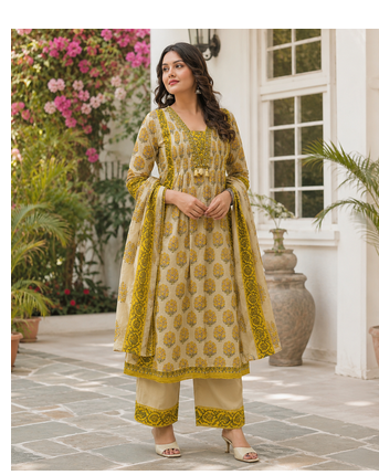 Women's Printed Cotton Kurta Pant with Dupatta Set 1
