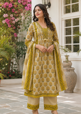 Women's Printed Cotton Kurta Pant with Dupatta Set