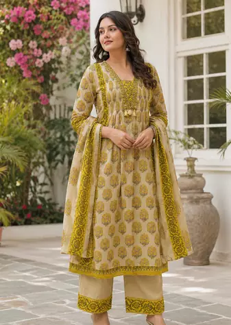 Women's Printed Cotton Kurta Pant with Dupatta Set