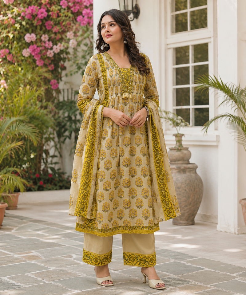 Women's Printed Cotton Kurta Pant with Dupatta Set