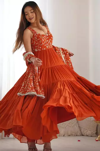  embroidery work georgette flared anarkali pant and dupatta set