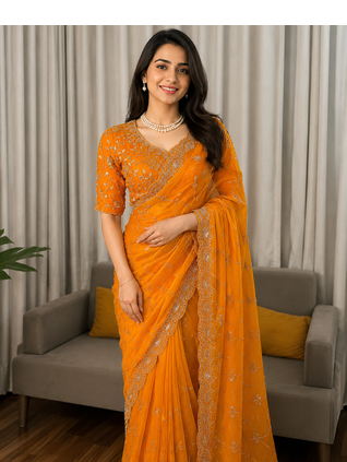 Yellow Color Beds With Sequnce work Silk Blend Saree 1