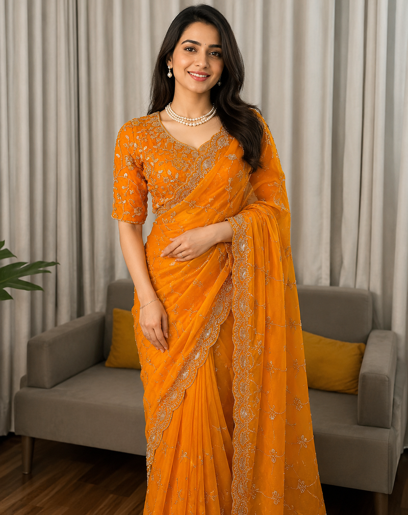 Yellow Color Beds With Sequnce work Silk Blend Saree