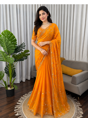 Yellow Color Beds With Sequnce work Silk Blend Saree 2