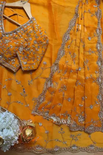Yellow Color Beds With Sequnce work Silk Blend Saree