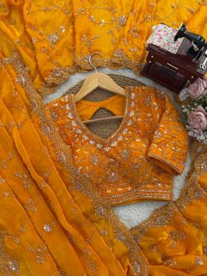 Yellow Color Beds With Sequnce work Silk Blend Saree 4