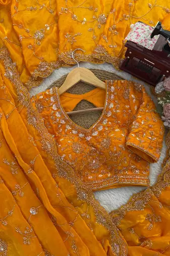 Yellow Color Beds With Sequnce work Silk Blend Saree