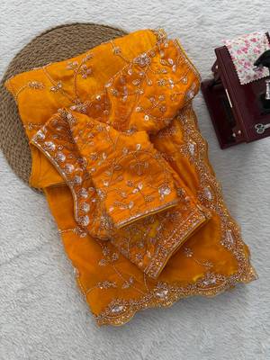 Yellow Color Beds With Sequnce work Silk Blend Saree 5