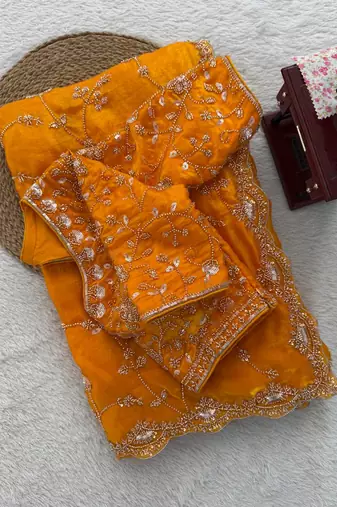 Yellow Color Beds With Sequnce work Silk Blend Saree