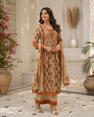 Women's Printed Cotton Kurta Palazzo with Dupatta Set 1