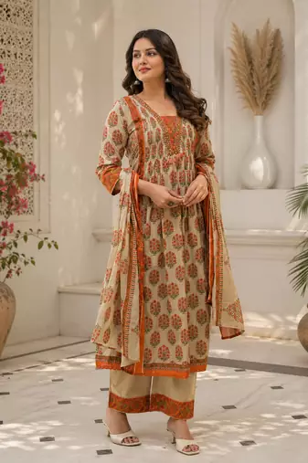 Women's Printed Cotton Kurta Palazzo with Dupatta Set