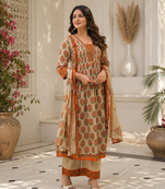 Women's Printed Cotton Kurta Palazzo with Dupatta Set