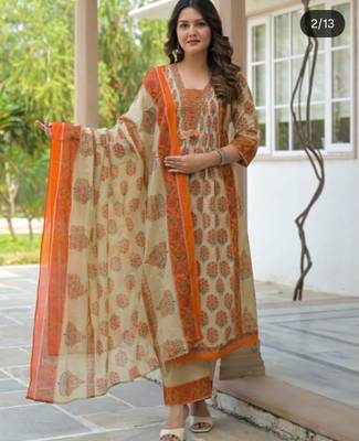 Women's Printed Cotton Kurta Palazzo with Dupatta Set 2