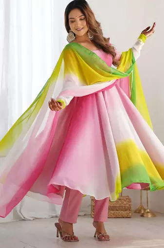  solid georgette flared anarkali pant and dupatta set