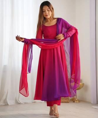  solid georgette flared anarkali pant and dupatta set 1