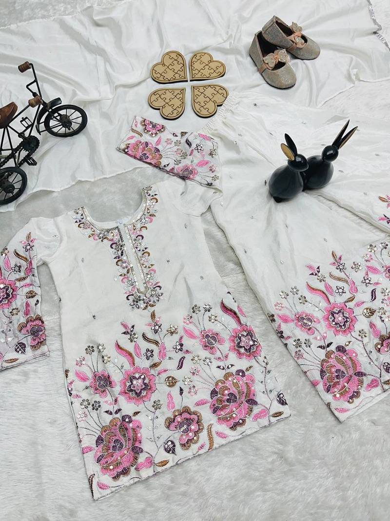 White heavy chinon silk with embroidery sequence work plazzo set