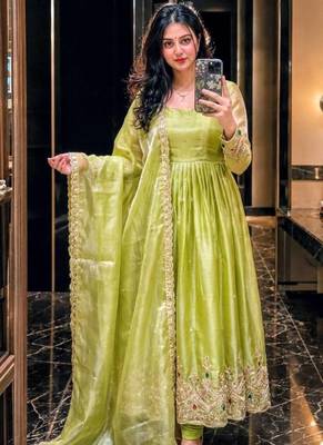 light green color embroidery 5mm sequin work stone silk blend gown set 1