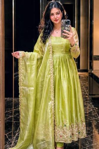 light green color embroidery 5mm sequin work stone silk blend gown set