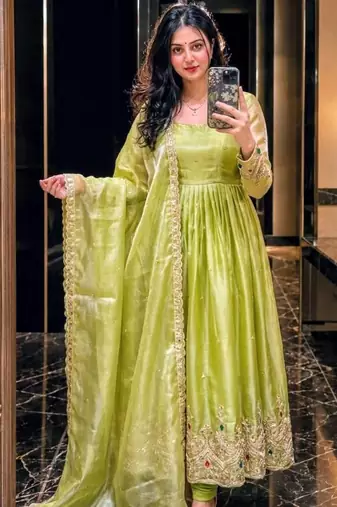 light green color embroidery 5mm sequin work stone silk blend gown set